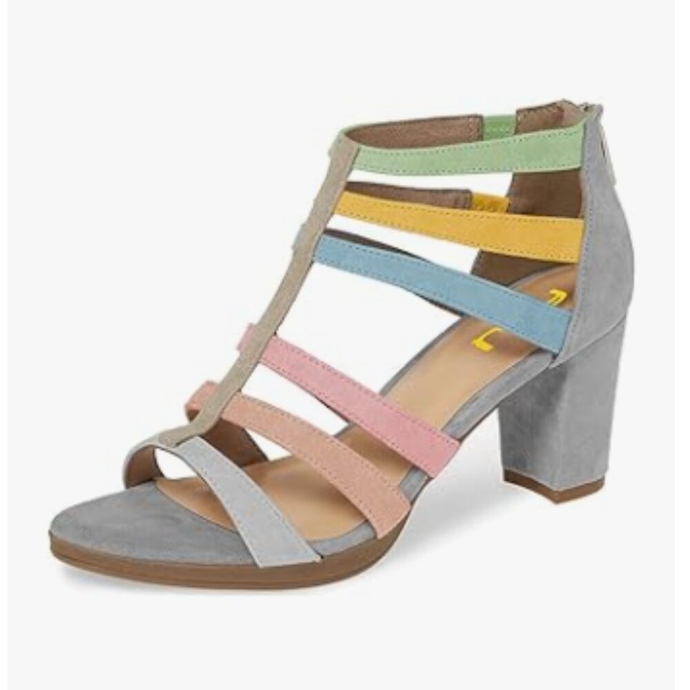 FSJ Multi Grey Chunky High Heel Sandals Open Toe T-Strap Cutout Dress Party Shoe